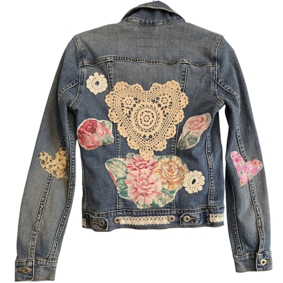 Hand Crafted Jackets & Blazers - Upcycled Hand Crafted Boho Cottage On Levi's Trucker Denim Jacket Size Sm In EUC